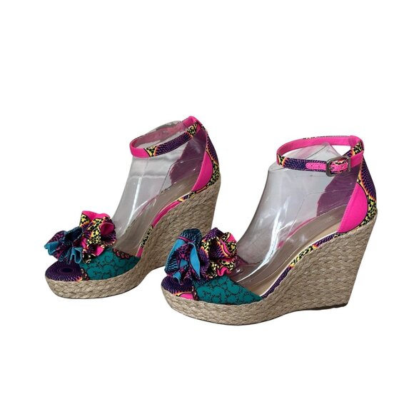 Gianni Bini Shoes Womens Sz 10 Colorful Pink / Blue Strap Wedge Sandals Open Toe - Picture 2 of 13